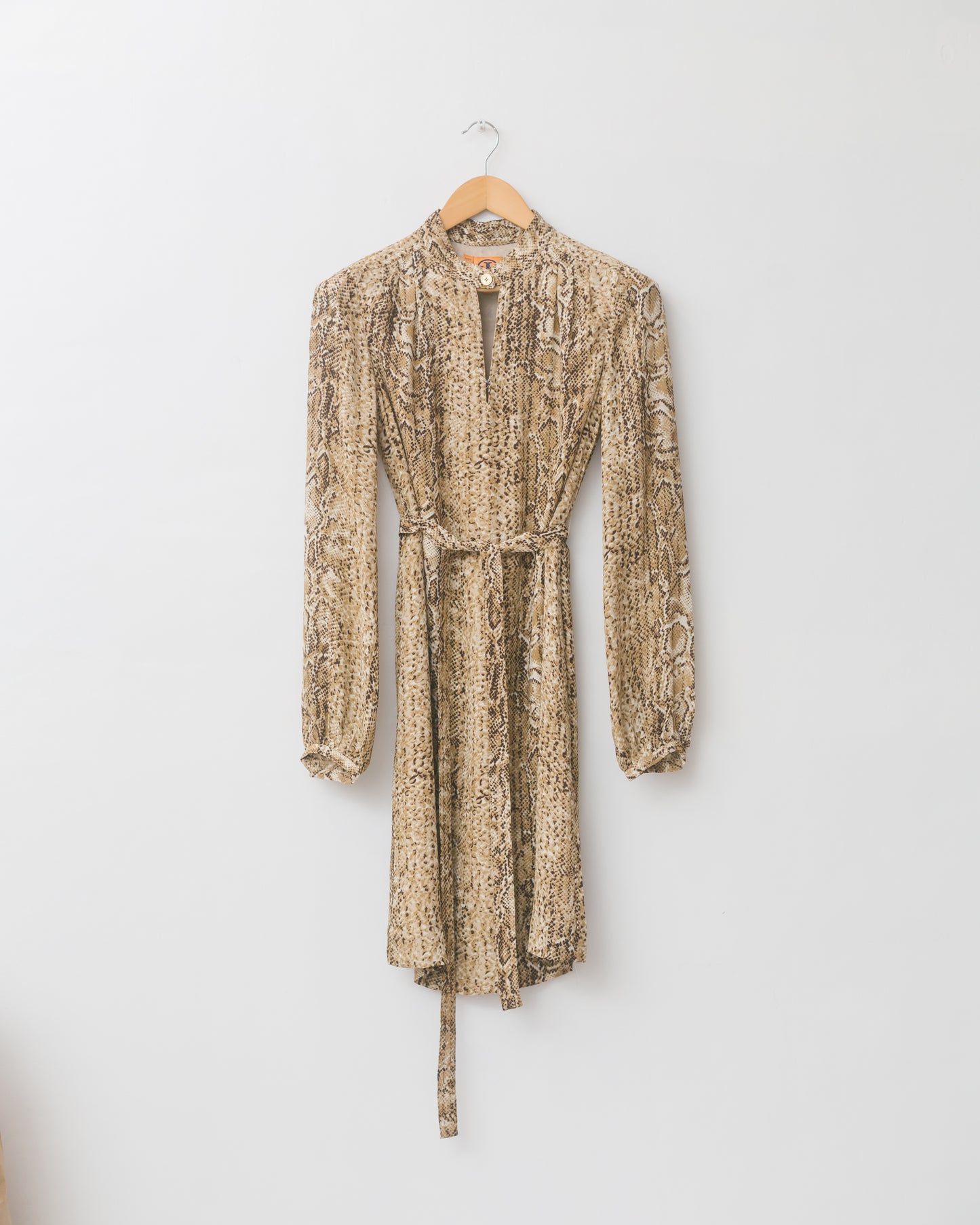 Snakeskin Silk Long Sleeve Belted Dress