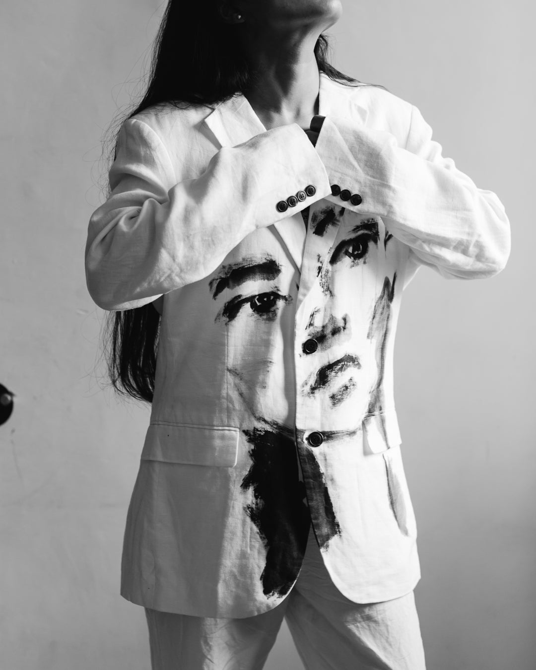 Eggshell White Handpainted Portrait Linen Blazer