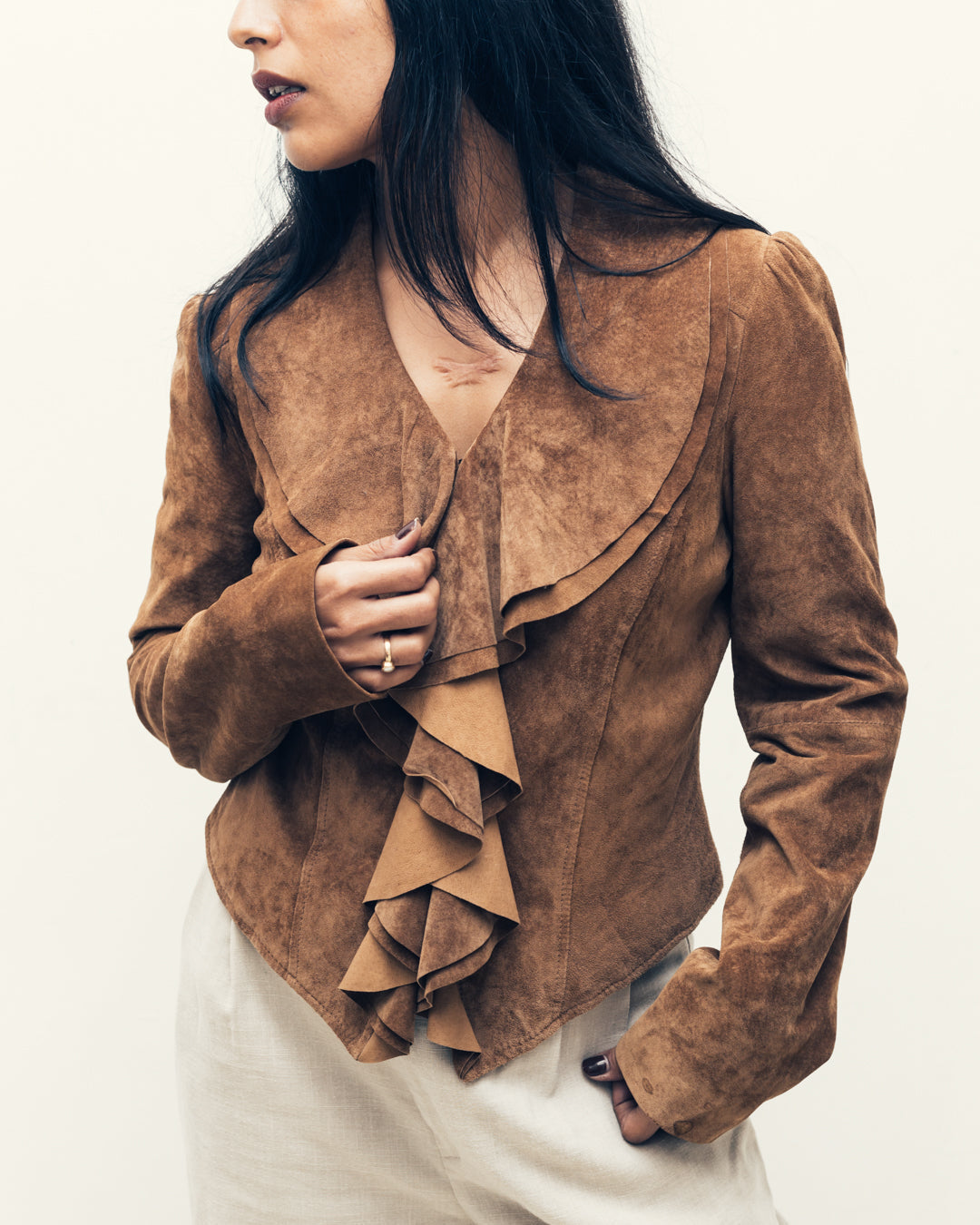 Pure Suede Ruffle Detail Jacket