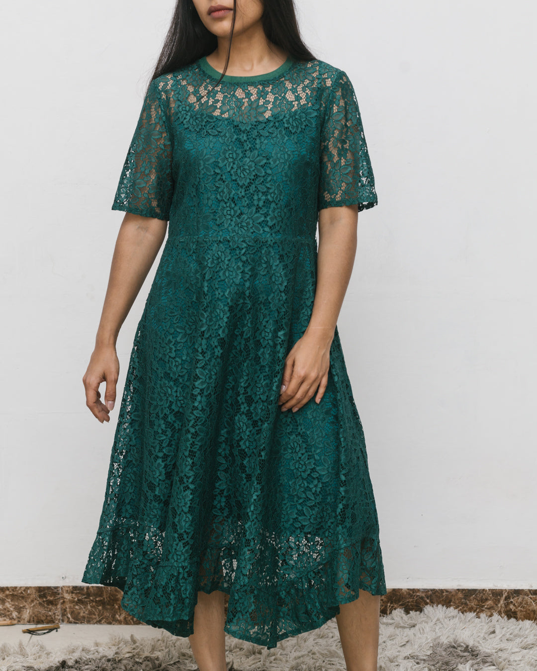Saint Laurent Emerald Lace Midi Dress