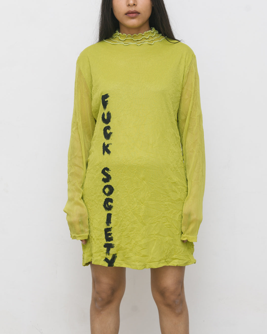 Upcycled ‘Fuck Society’ Chartreuse Mini Dress