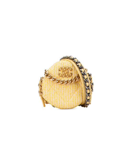 Chanel Coco Mark Round Chain Shoulder Bag Yellow Gold Tweed Leather