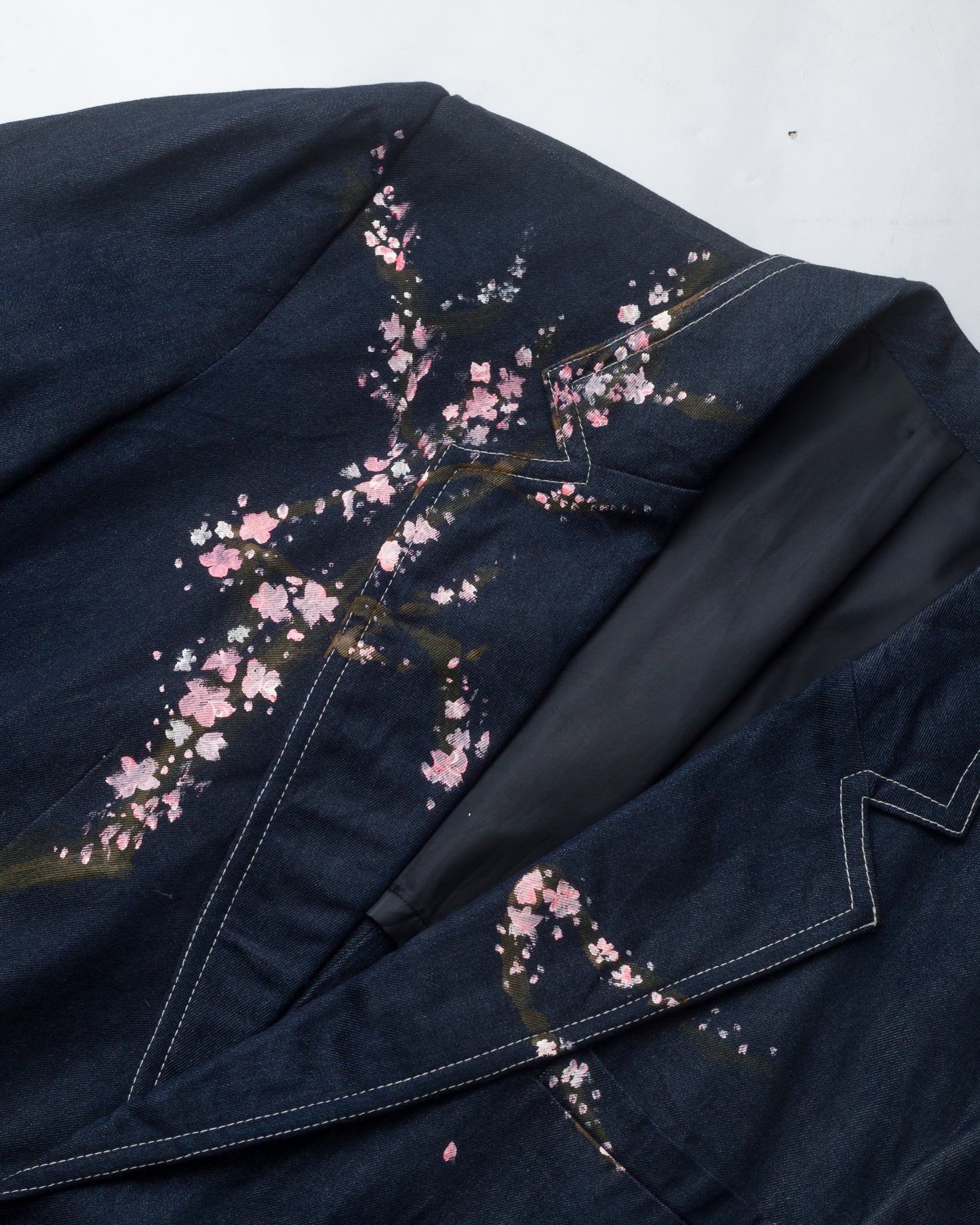 Handpainted Sakura Summer Navy Denim Blazer