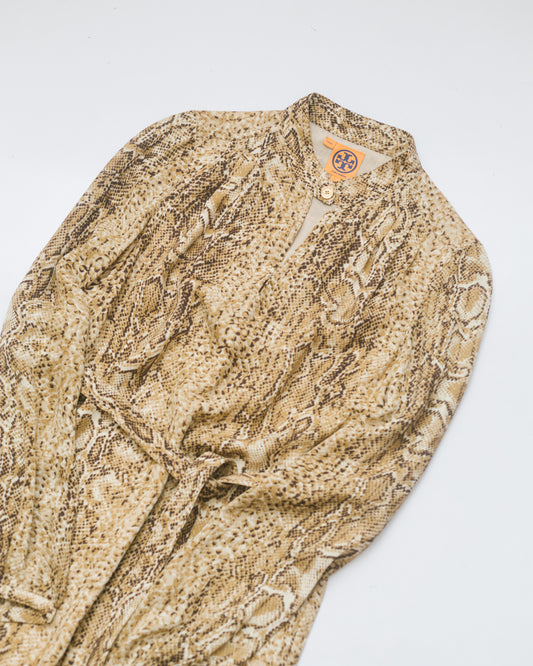 Snakeskin Silk Long Sleeve Belted Dress