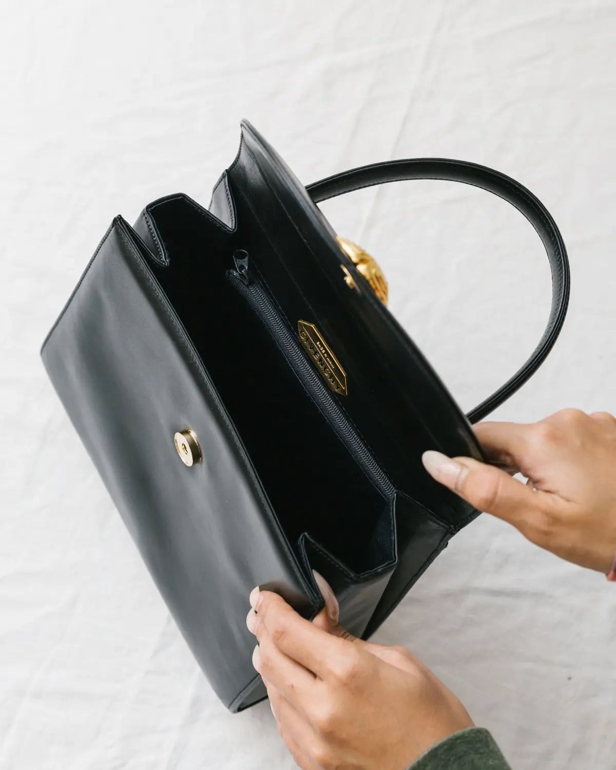 Box calf top handle bag