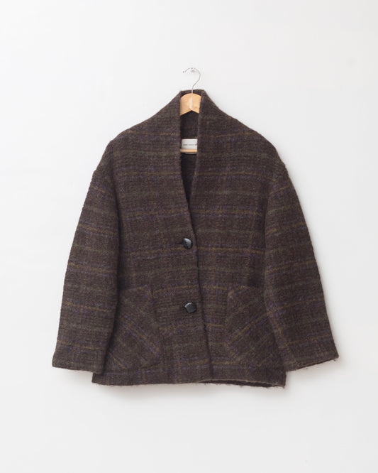 Brown plaid short wool blend coat