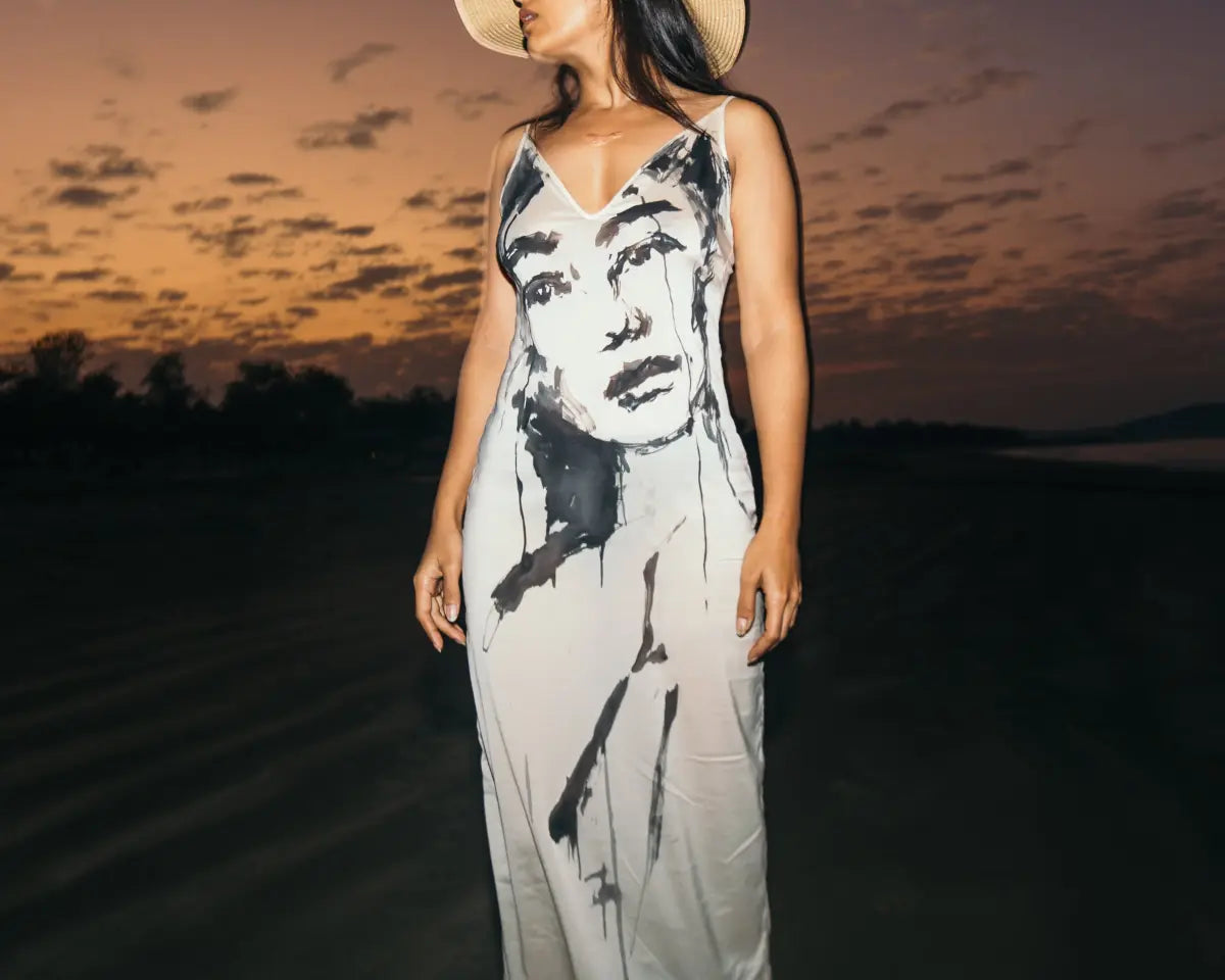 Upcycled handpainted jil sander sheer silk slip dress