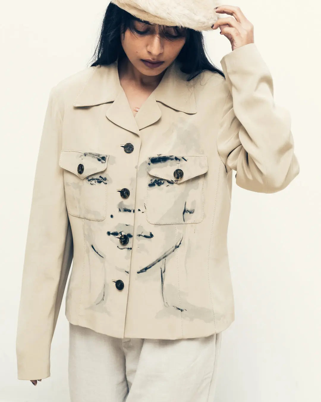 Handpainted Portrait Pure Silk Structured Jacket