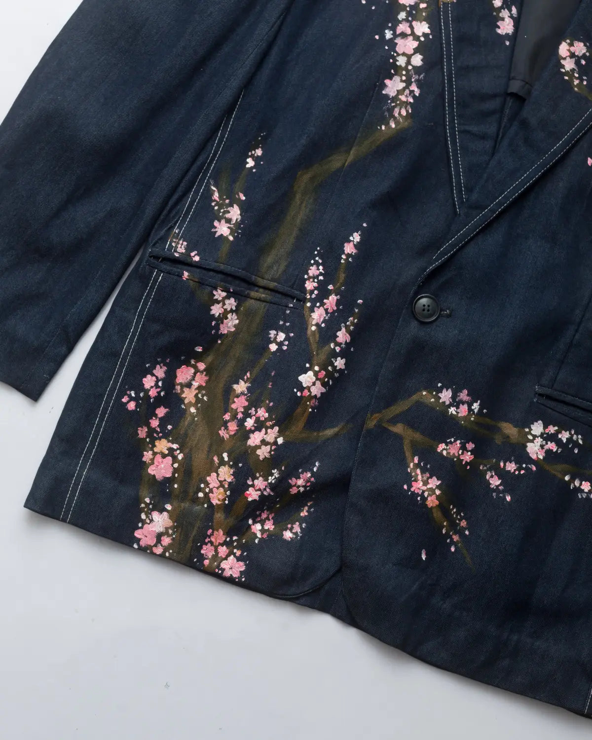 Upcycled handpainted sakura summer navy denim blazer