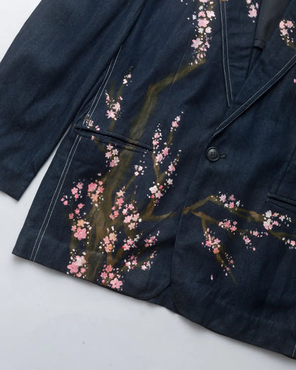 Upcycled handpainted sakura summer navy denim blazer