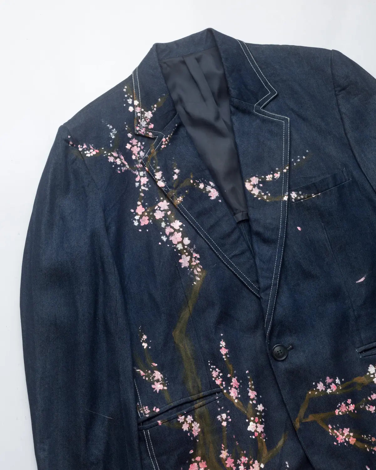 Upcycled handpainted sakura summer navy denim blazer