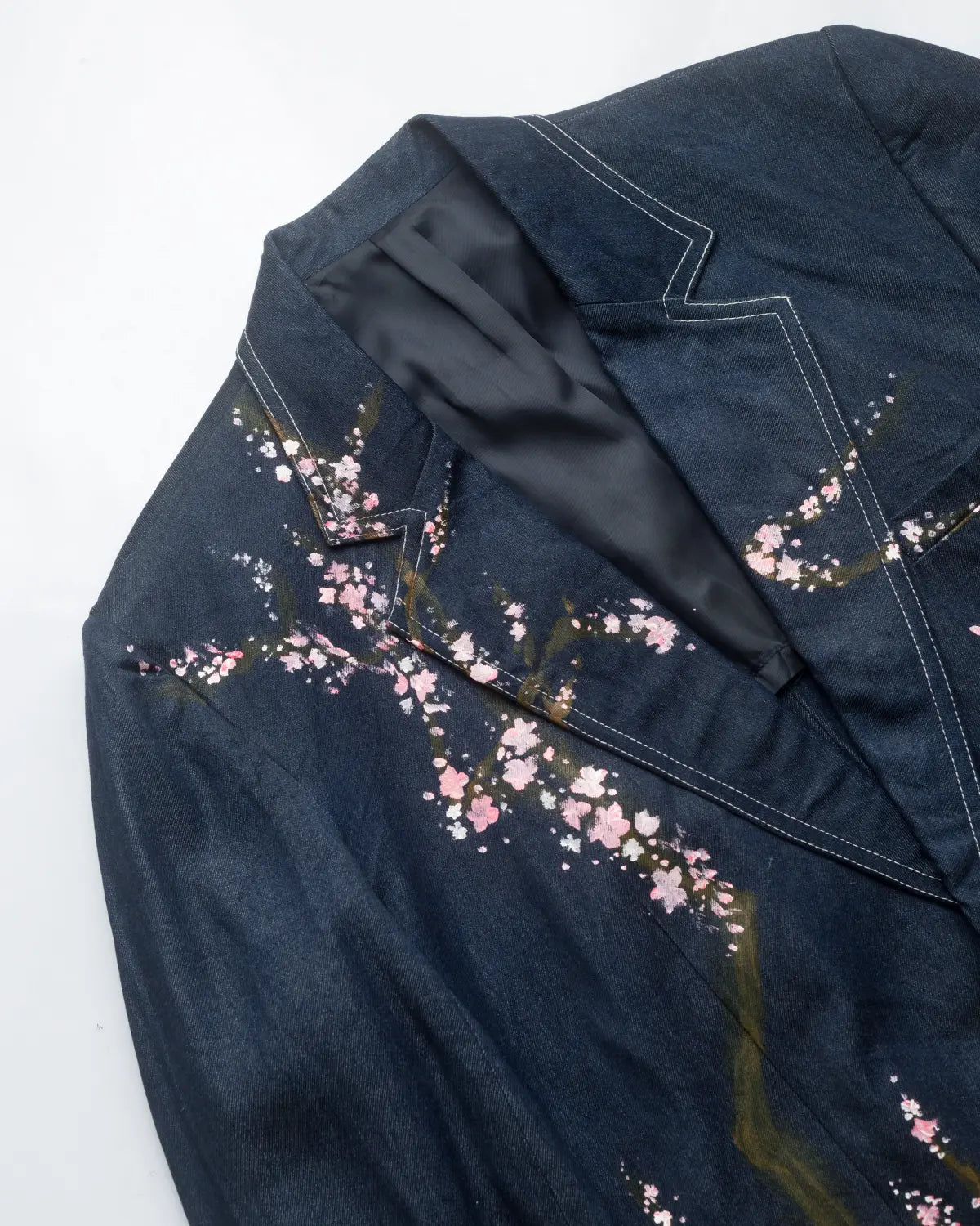 Upcycled handpainted sakura summer navy denim blazer