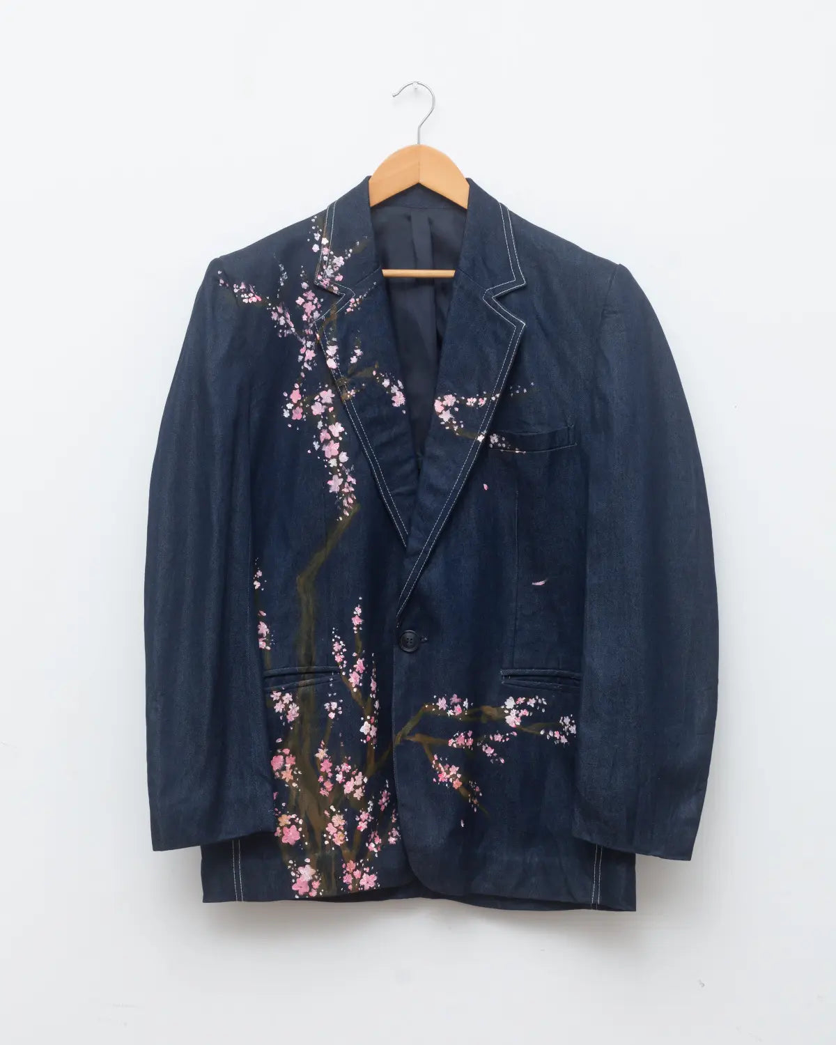 Upcycled handpainted sakura summer navy denim blazer