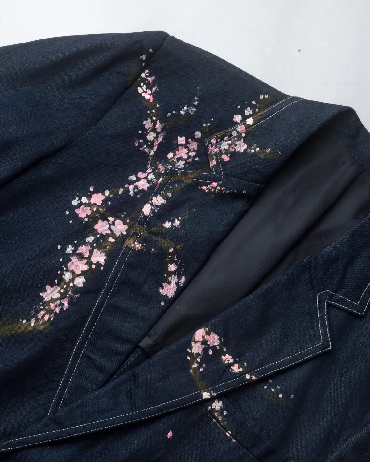 Upcycled handpainted sakura summer navy denim blazer