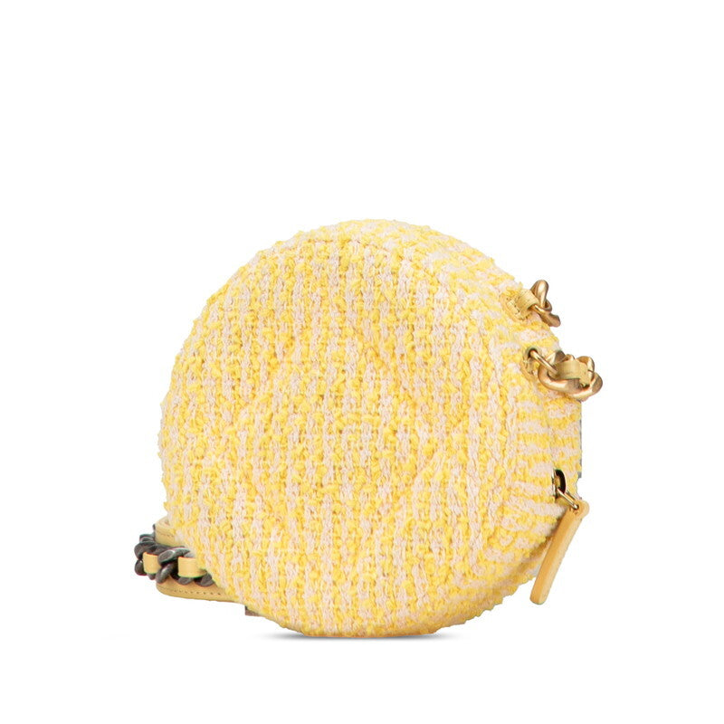 Elegant Chanel Coco Mark Round Chain Shoulder Bag Yellow Gold Tweed Leather