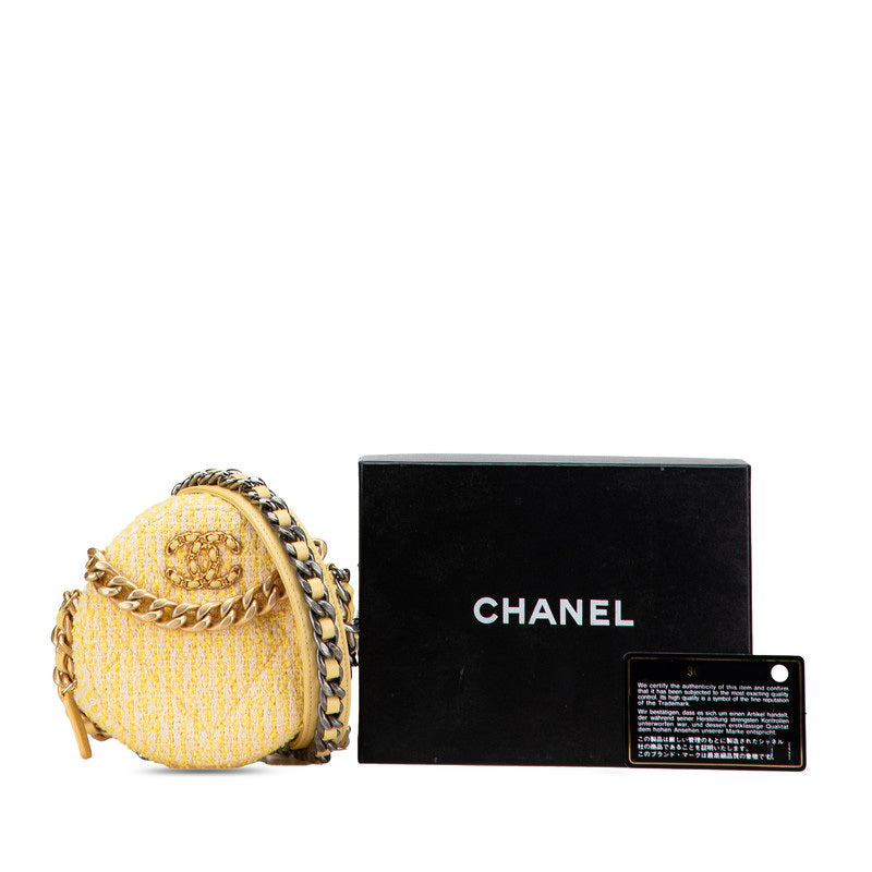 Elegant Chanel Coco Mark Round Chain Shoulder Bag Yellow Gold Tweed Leather