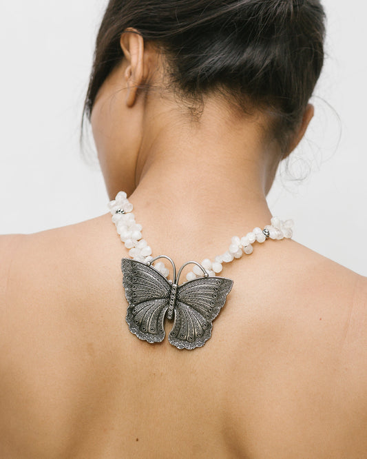 Vintage Butterfly & Raw Moonstone Necklace